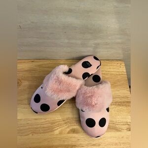Victoria Secret Signature Satin Pink & Black Polka Dot With Faux Fur Trim